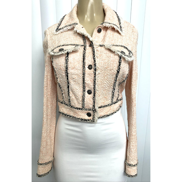 Veronica Beard Vita Tweed Jacket Pale Pink Crop Black Trim Button Fringe 2 XS - Picture 3 of 11